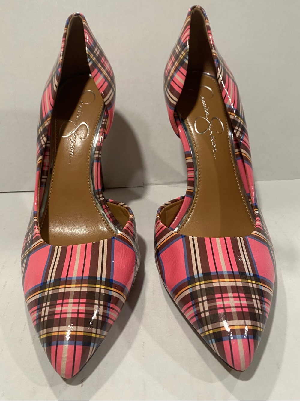 Jessica Simpson Pink Plaid Pointed-Toe Pumps with Brown and Blue Accents Sz 10